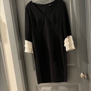 DKNY Black V-Neck Dress with Cream Tiered Sleeve Ruffles